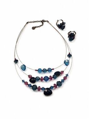 Napier Blue Purple Beaded Necklace Matching Earrings Set Multi-Strand Statement